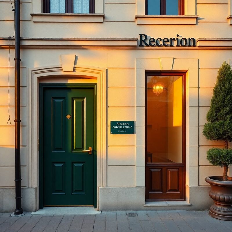 Intrare discretă a cabinetului Studio Stoica cu ușă verde pădure și fațadă crem