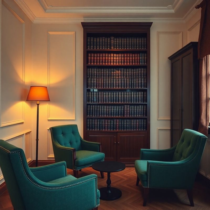 Interior de birou privat cu fotolii tapițate verde pădure și pereți crem