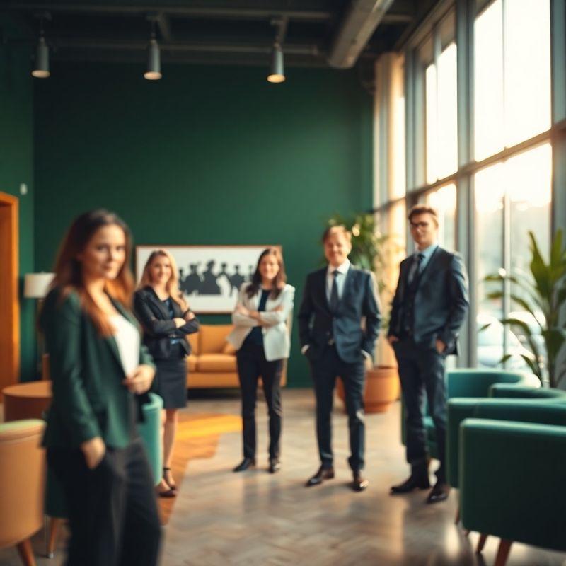 Echipă profesională într-un lobby de birou cu decor verde pădure și crem